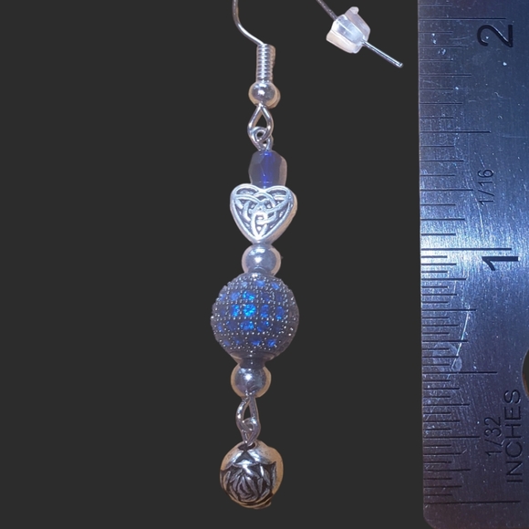 Silver Heart and Rose Beaded, Sapphire Accented Handcrafted Earrings - Picture 7 of 8